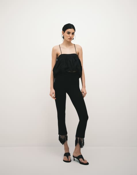 ASOS DESIGN - Capribroek van pontestof met kwastjes aan de zoom in zwart - view 1