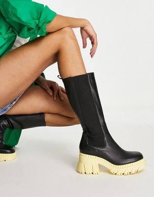 Asos Design Capricorn Premium Leather Chunky Chelsea Knee Boots In Black With Yellow Sole-multi