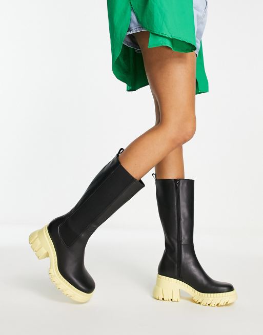 ASOS DESIGN Capricorn premium leather chunky Chelsea knee boots in black  with yellow sole