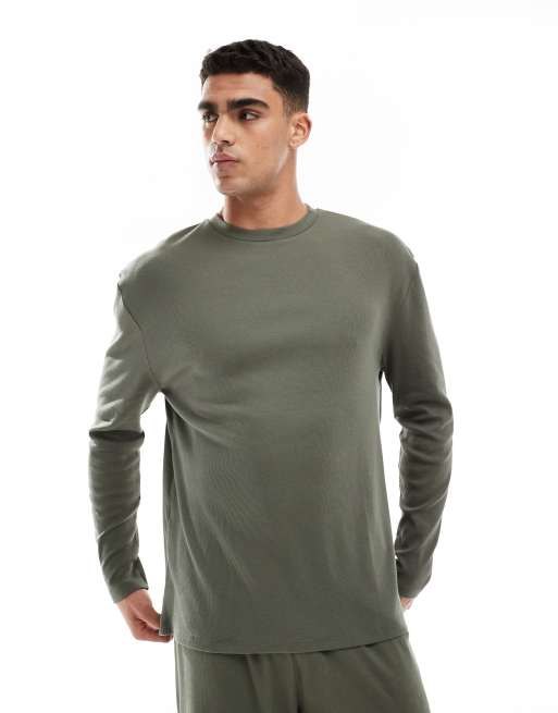 ASOS DESIGN – Capsule Collection – Mörkgrön, ribbad, avslappnad t-shirt med långa ärmar
