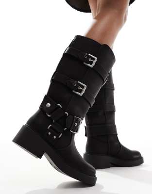 ASOS DESIGN Captain multi-buckle biker boots in black