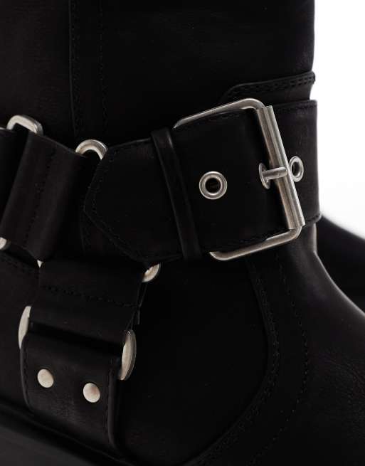 Bershka buckle detail calf length boots in black