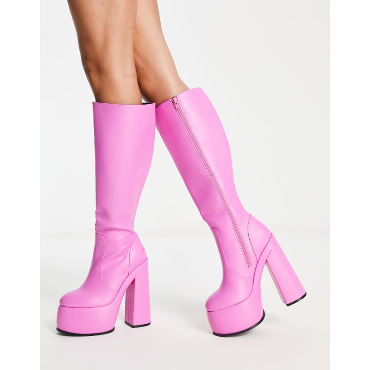 Knee High Buckle Platform Boots Pink