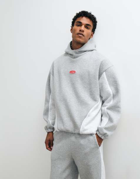 ASOS DESIGN capuche oversize à col montant avec passepoil, empiècements cousus et patch en caoutchouc gris chiné - view 1