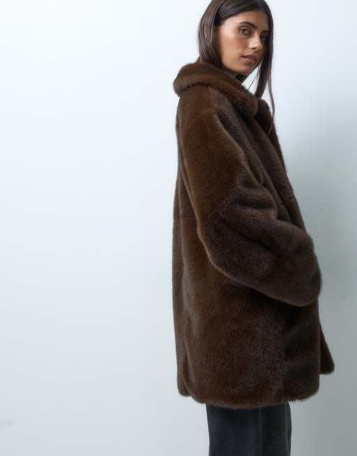 ASOS DESIGN car coat i midi med krage i brun fuskpäls, 4 av 4