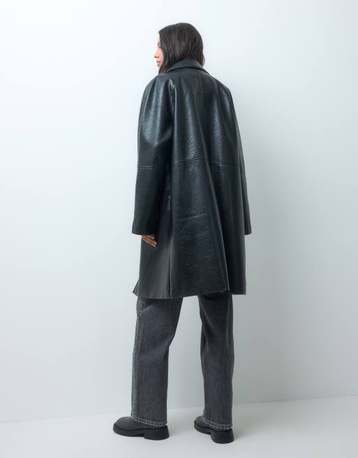 ASOS DESIGN car coat med læderlook, krave og knaplukning foran i sort, 4 af 4