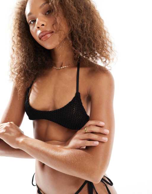 ASOS DESIGN Cara crochet skinny crop bikini top in black, 4 of 4