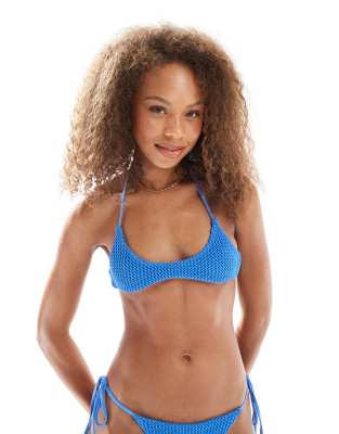 Asos Design Cara Crochet Skinny Crop Bikini Top In Blue