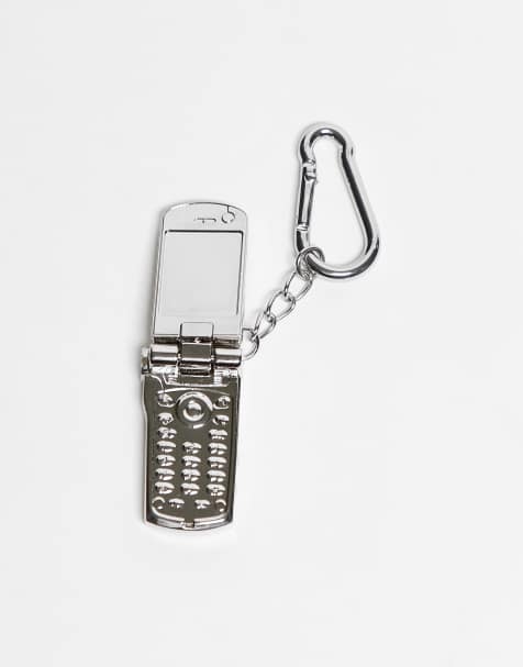 ASOS DESIGN carabiner clip and flip phone charm for jeans or bag in silver tone - view 1