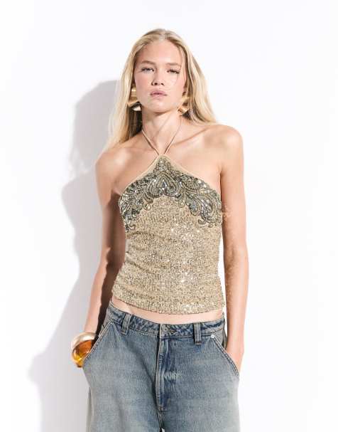 ASOS DESIGN caraco à col halter orné de sequins doré - view 1