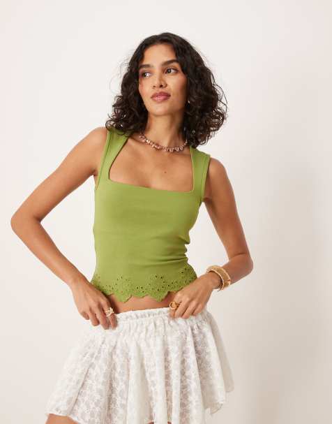 ASOS DESIGN - Caraco à encolure carrée et ourlet à broderies ajourées - Vert - view 1