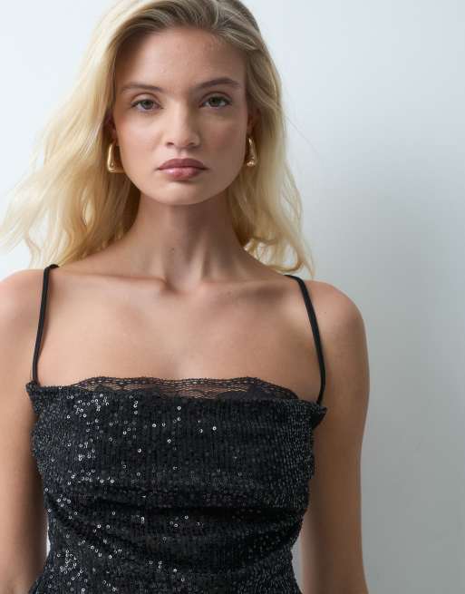 ASOS DESIGN caraco à sequins avec dentelle ajourée en noir, 3 de 5