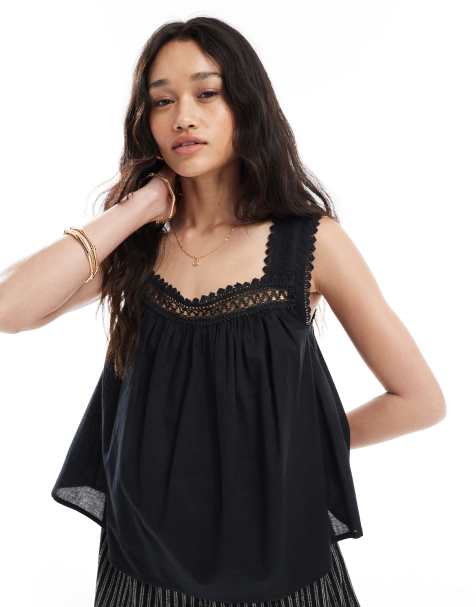 ASOS DESIGN - Caraco avec encolure carrée bordée de dentelle - Noir - view 1