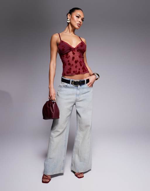 ASOS DESIGN devore burn out floral cami in cherry red