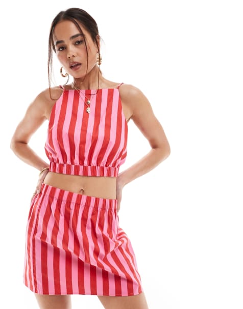 ASOS DESIGN - Caraco court d'ensemble à rayures - Rose et rouge - view 1