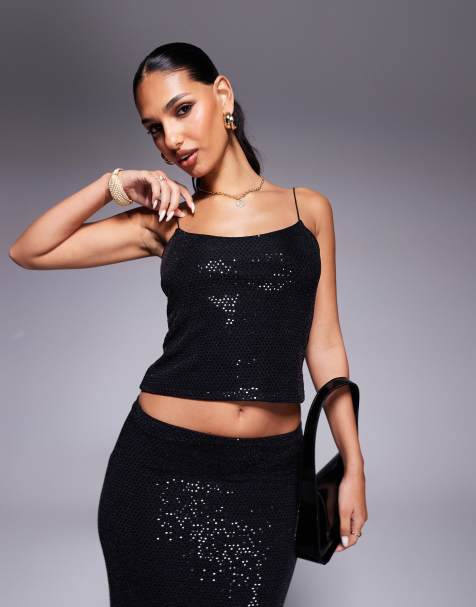 ASOS DESIGN - Caraco d'ensemble ajusté en tissu métallisé pailleté à encolure dégagée - Noir - view 1