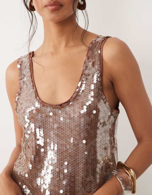 ASOS DESIGN - Caraco d'ensemble court orné de sequins avec encolure dégagée - Marron, 4 de 4
