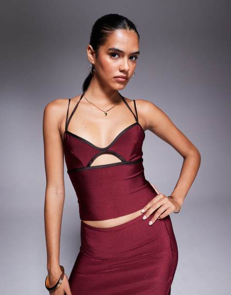ASOS DESIGN - Caraco d'ensemble effet sculptant avec bretelles fines et bordures contrastantes en satin - Bordeaux - view 1
