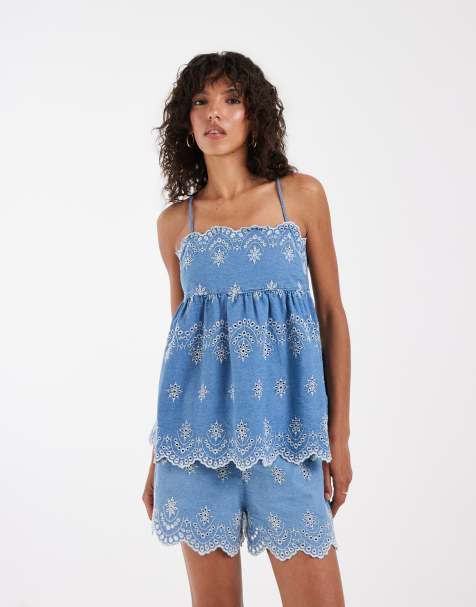 ASOS DESIGN - Caraco d'ensemble en denim à broderies - Bleu - view 1
