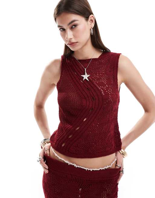 ASOS DESIGN - Caraco d'ensemble en maille ajourée et détails en jacquard - Bordeaux