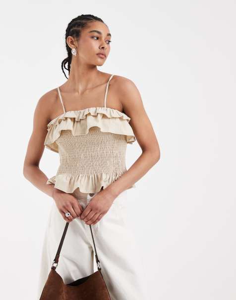 ASOS DESIGN - Caraco d'ensemble froncé à volants en lin mélangé - Naturel - view 1