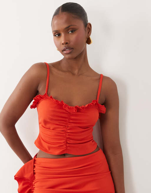 ASOS DESIGN - Caraco d'ensemble froncé en crêpe avec encolure à volants - Rouge, 3 de 4