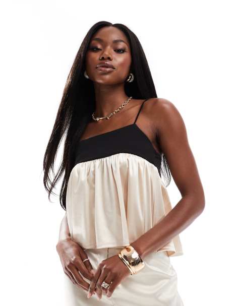 ASOS DESIGN - Caraco effet color block avec détail en satin or pâle contrastant - Noir - view 1