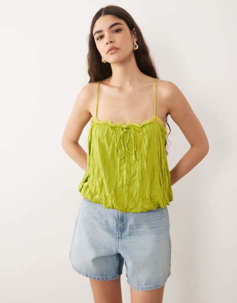 ASOS DESIGN - Caraco effet froissé avec ourlet boule et bordure en tulle - Vert - view 1