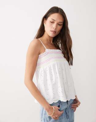 Caraco en broderie anglaise à détails froncés - Blanc S