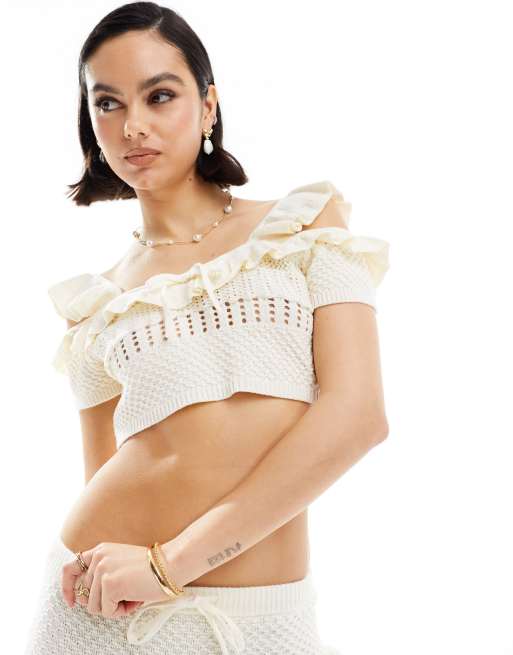 ASOS DESIGN - Caraco en maille d'ensemble avec liens noués - Crème