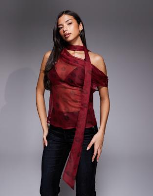 Caraco en mousseline avec détail foulard et imprimé bouches-Multicolore 36