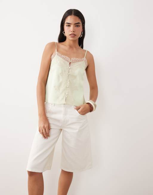 ASOS DESIGN - Caraco en satin avec bords en dentelle - Vert matcha, 3 de 4