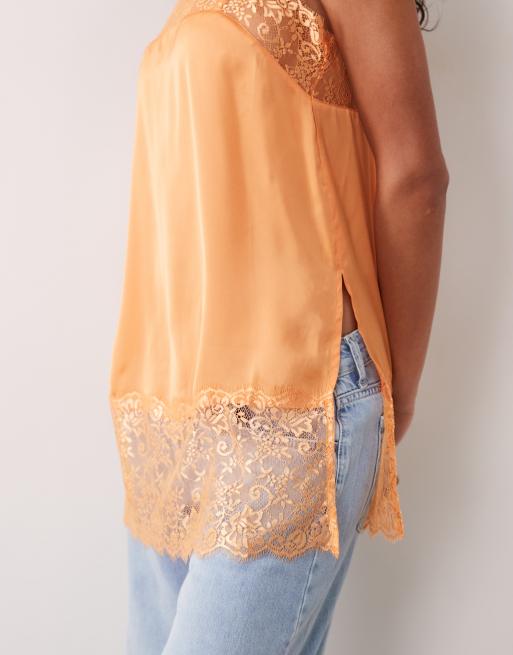 ASOS DESIGN - Caraco en satin bordé de dentelle avec encolure carrée - Orange, 4 de 4