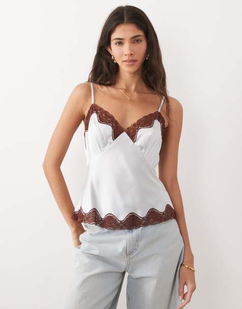 ASOS DESIGN - Caraco en satin bordé de dentelle - Bleu/marron - view 1