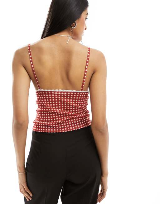 ASOS DESIGN - Camitop van mesh met met contrasterende rand in rode gingham ruit