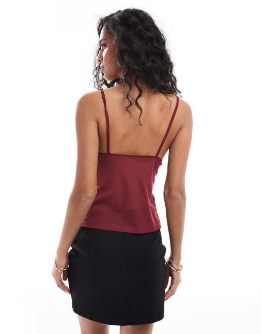 ASOS DESIGN mesh cami top with lace detail in burgundy