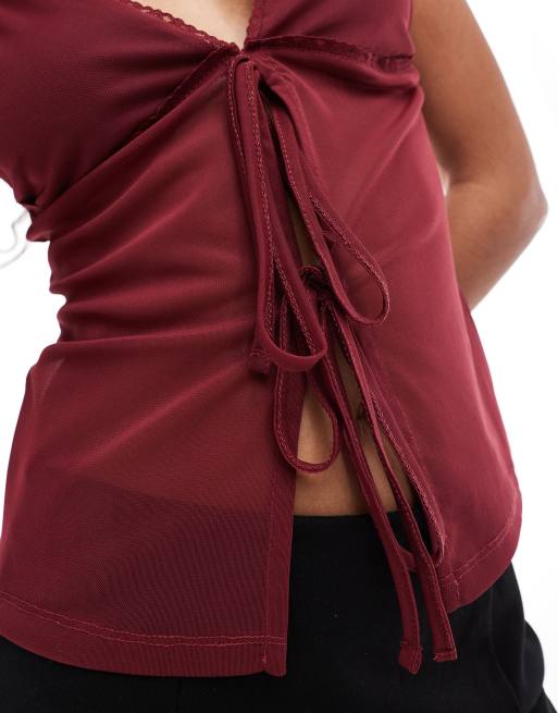 ASOS DESIGN mesh cami top with lace detail in burgundy