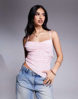 Caraco fluide en tulle transparent avec col bénitier - Rose pastel L