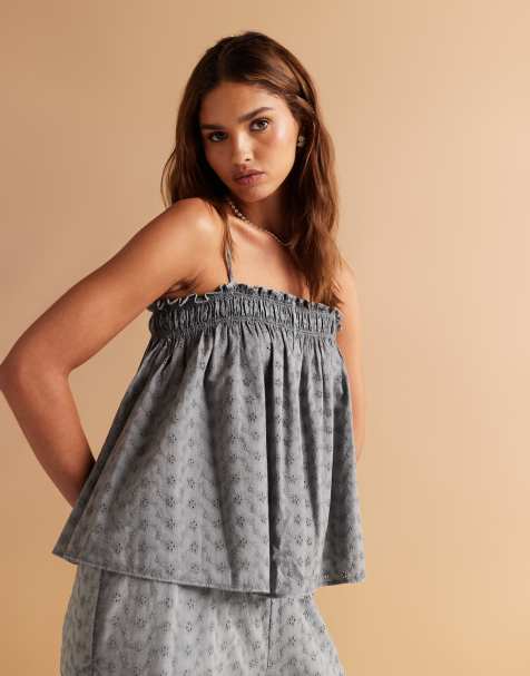 ASOS DESIGN - Caraco froncé d'ensemble en broderie anglaise - Gris délavé - view 1