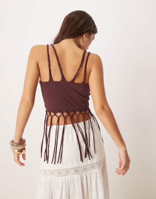 ASOS DESIGN - Caraco froncé devant à franges et bretelles torsadées - Baie, 3 de 4