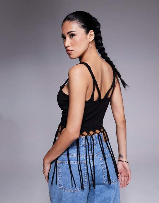 ASOS DESIGN - Caraco froncé sur l'avant à franges - Noir, 2 de 4