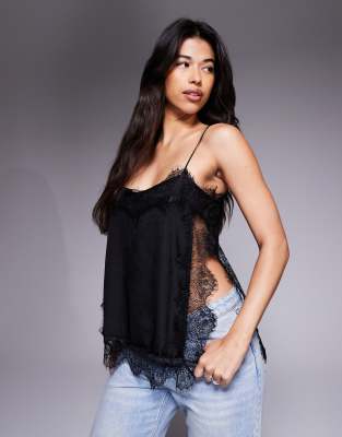 ASOS DESIGN - Caraco long avec bords en dentelle - Noir