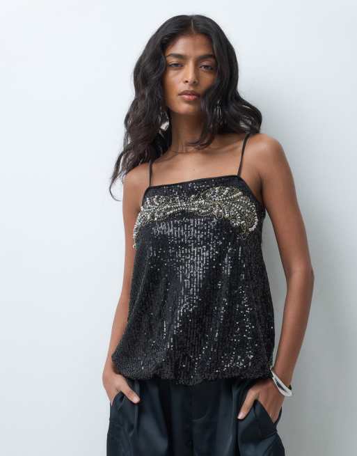 ASOS DESIGN caraco noir à col carré, sequins et ourlet bouffant, 2 de 5