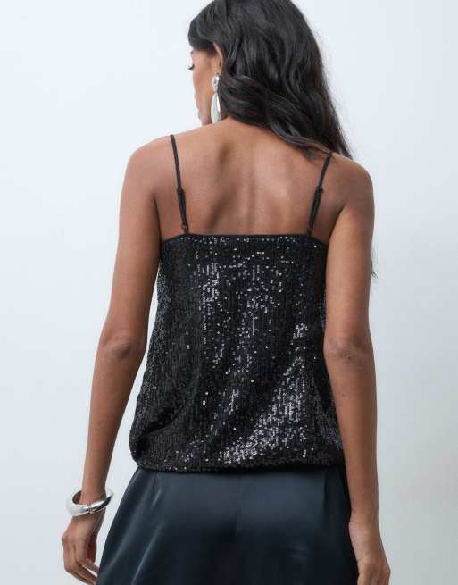 ASOS DESIGN caraco noir à col carré, sequins et ourlet bouffant, 5 de 5