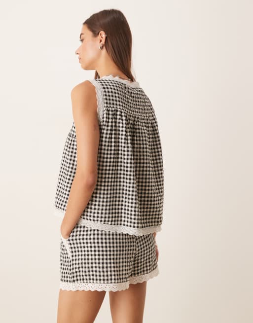ASOS DESIGN - Caraco smocké à carreaux vichy avec bords en dentelle, 2 de 4