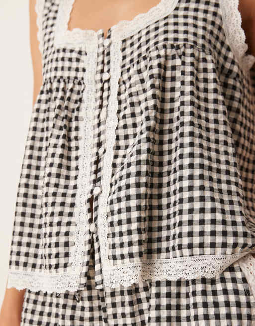ASOS DESIGN - Caraco smocké à carreaux vichy avec bords en dentelle, 3 de 4