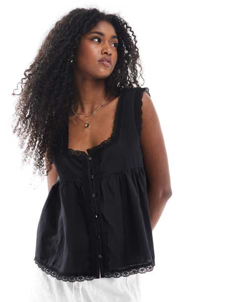 ASOS DESIGN - Caraco smocké en coton avec bordures en dentelle - Noir - view 1