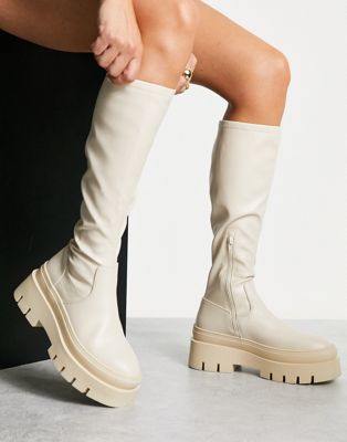 ASOS DESIGN Caramel chunky knee boots in off white