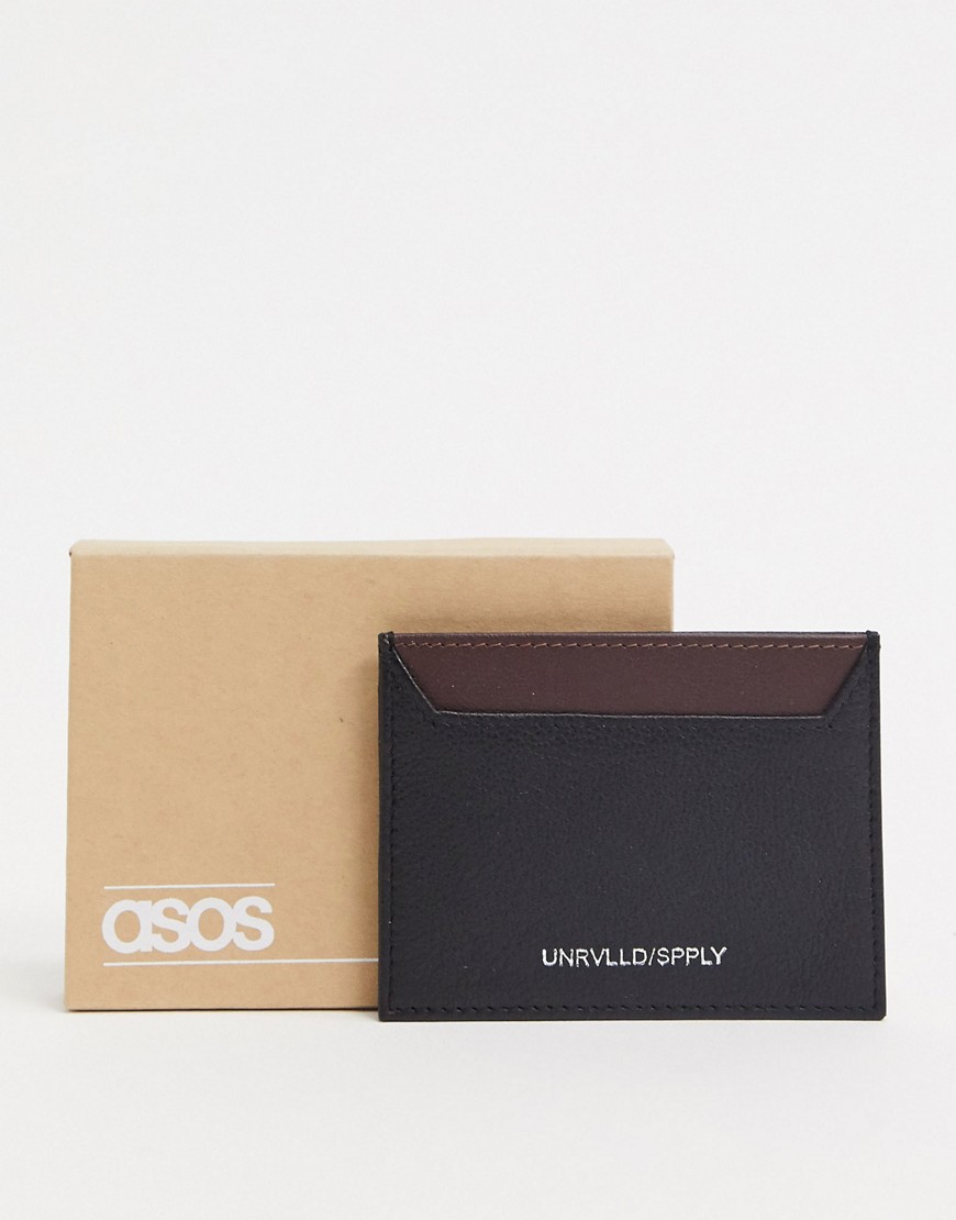 ASOS DESIGN card holder in black leather with contrast burgundy detail