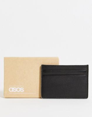 ASOS DESIGN cardholder in black leather with dusty blue edge